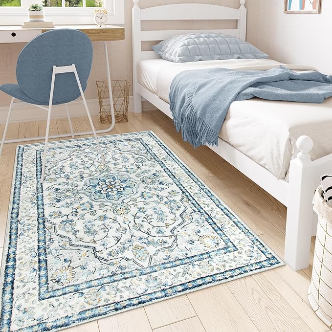Lahome Oriental Blue Rug,Washable 3x5 Entryway Rugs Non-Slip with Rubber Backing,Soft Boho Front Door Carpet Indoor Entrance,Traditional Vintage Thin Throw Mats for Bathroom Bedroom Kitchen,(3x5ft)