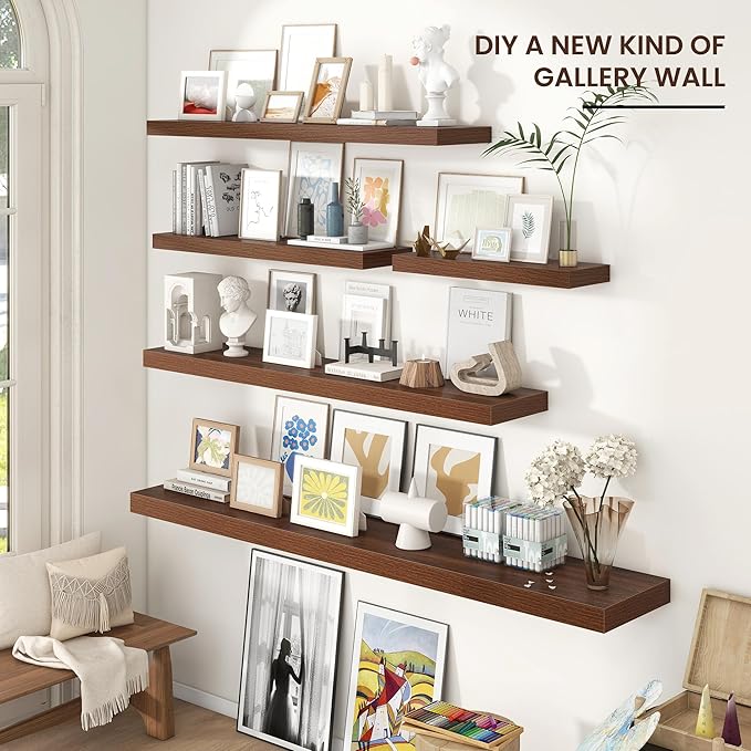Floating Shelves for Wall 48"W x 9"D x 1.5"H, Long Engineered Wood Wall Shelves with Invisible Brackets for Living Room Bedroom Bathroom Office Kitchen Decor and Storage, Walnut Finish, Set of 2