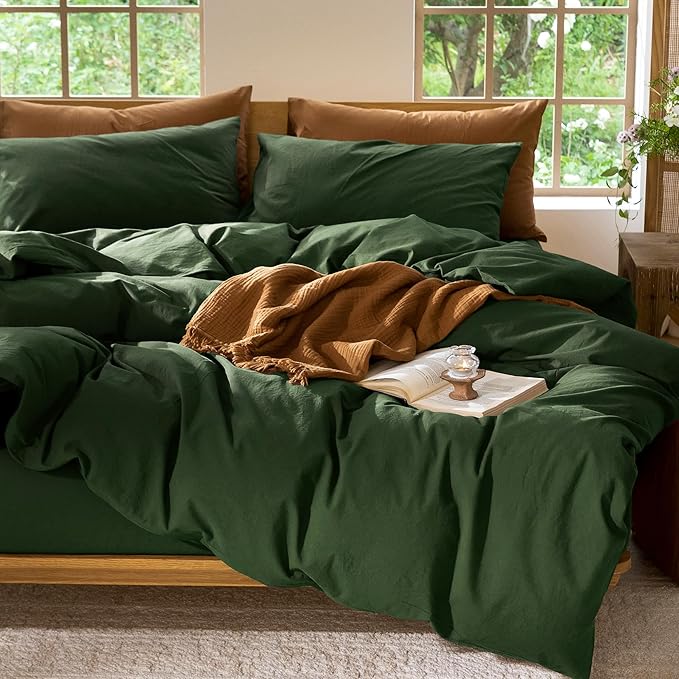 MooMee Bedding Duvet Cover Set 100% Washed Cotton Linen Like Textured Breathable Durable Soft Comfy (Solid Forest Green, Palatial King/Oversized King 120"x98")
