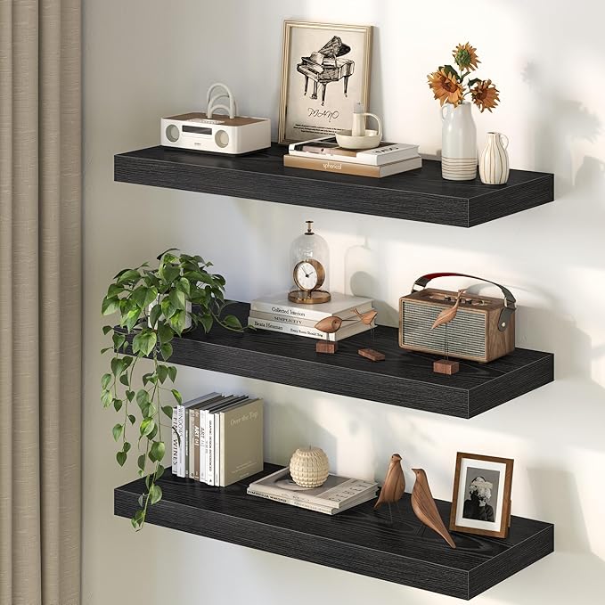 30Inch Black Floating Shelves for Wall, 12 Inch Deep Shelves for Bedroom, Kitchen, Bathroom Wall Mounted, Rustic Wood Floating Shelf with Invisible Brackets for Books, Storage, Decor, 2 Packs