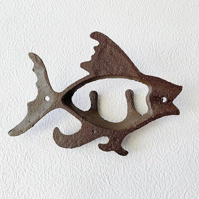 Rustic Fish-Shaped Decorative Wall Hook Rack Hangers for Hanging Clothes, Coats, Towels, Keys, and Hats, 1 Pack Antique Cast Iron Mounted Wall Hooks