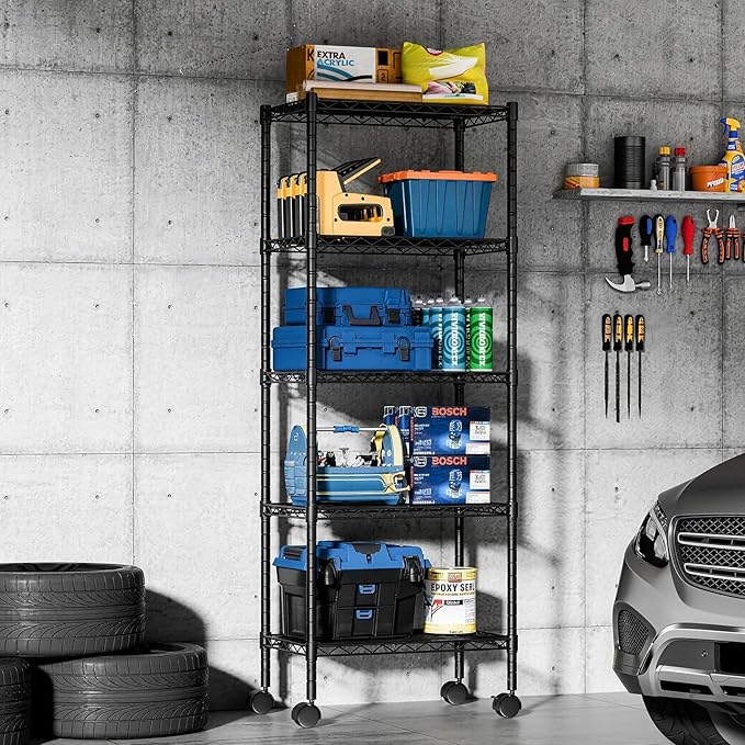 DUMOS 5 Tier Metal Shelving, Heavy Duty Shelves Wire Shelving Unit with Removable Wheel Casters, Shelves Organizer for Bathroom Garage Living Room Kitchen Pantry Laundry