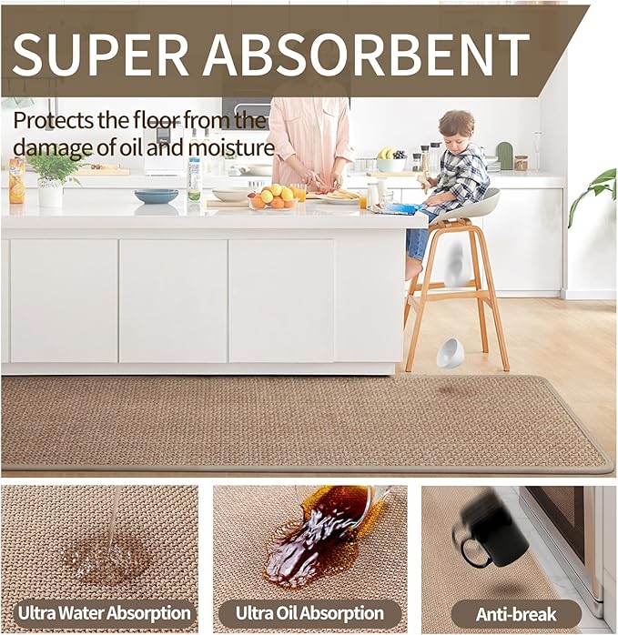 Durable Non-Slip Kitchen Mats,Kitchen Mats in Front of Sink,Quick Drying Mat for Kitchen Counter, 17x59 Brown Water and Oil Absorbent Runner Rugs for Kitchen