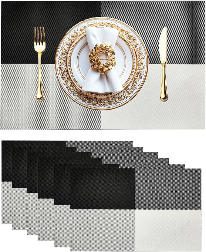 Placemats Set of 6 Vinyl Washable Placemats, 18"x12" Wipeable Heat-Resistant Non-Slip Easy Clean Table Mats Ideal for Dining Table Table Runner and Outdoor (6, Black White Square)