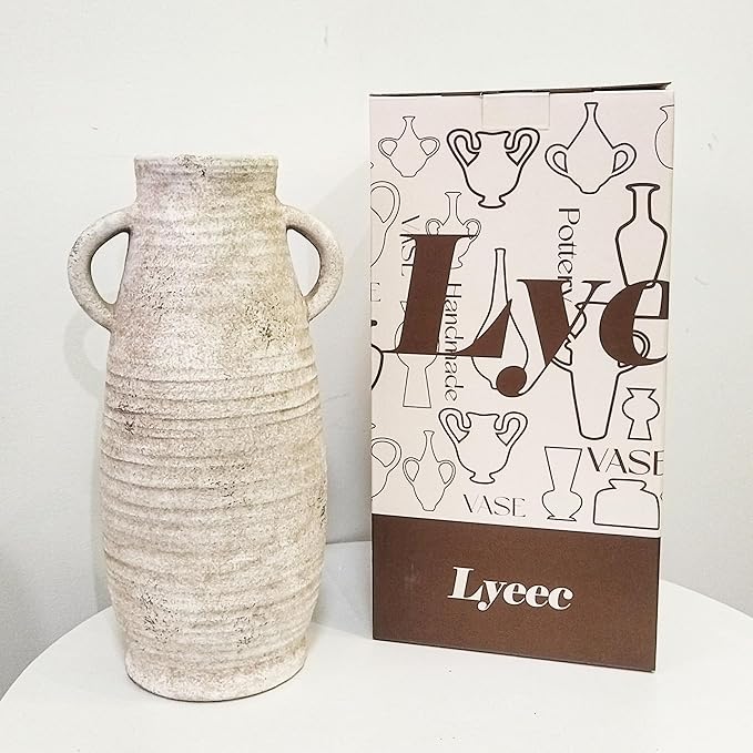 Ceramic Rustic Farmhouse Vase, Distressed Decorative Flower Vase for Home Decor, Ideal Shelf Decor, White Boho Vase for Living Room Bedroom Kitchen Office Decor Centerpiece Table Decorations