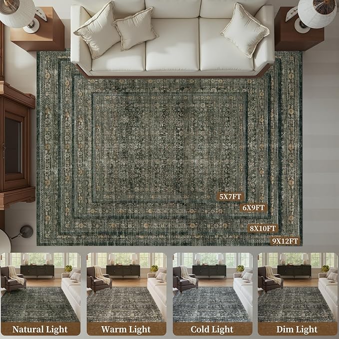 MontVoo-Vintage Area Rug 6X9 Green Rugs for Living Room-Soft Distressed Printed Rugs for Bedroom-Non Slip Carpet-Machine Washable Rug for Dining Room Living Room Bedside Office