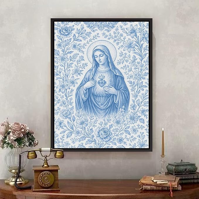 Framed Blue Virgin Mary Immaculate Heart Canvas Wall Art Christian Catholic Wall Decor Our Lady of Guadalupe Portrait Poster Prints Religious Bible Artwork for Living Room Prayer Room Church 16x24in