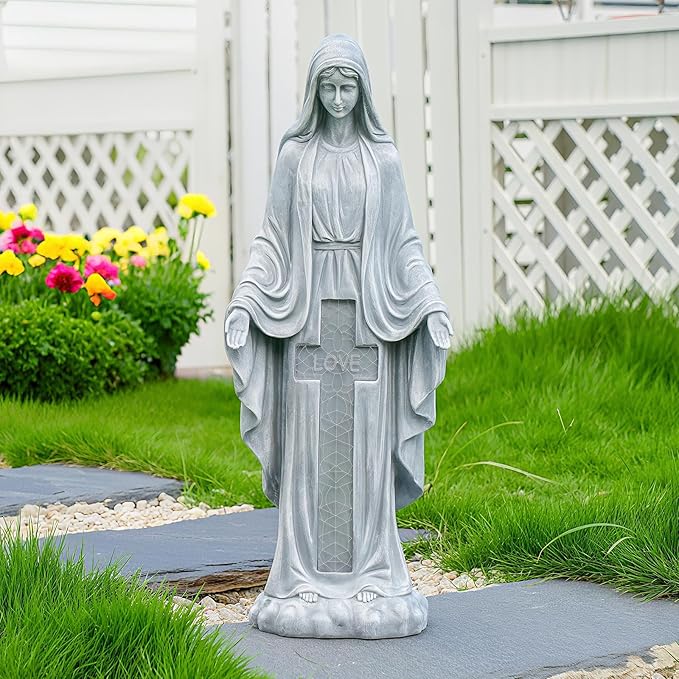 Solar Virgin Mary Praying Statue 27.9 Inch- Outdoor Religious Garden Decor with LED Lights, Weather-Resistant Magnesium Oxide Sculpture for Yard, Patio, Entryway (Gray Solar Virgin Mary)