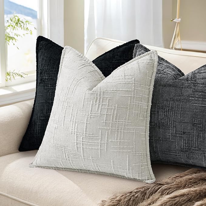 decorUhome Chenille Throw Pillow Covers 20x20 Set of 2, Thick Textured Slubby Neutral Decorative Pillow Covers with Elegant Design for Couch, Sofa, Living Room, Light Grey