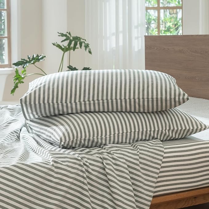 MooMee Striped Duvet Cover Set 100% Washed Cotton Linen Like Textured Breathable Durable Soft Comfy (Heathered Green Classic Stripes, Queen 90"x90")
