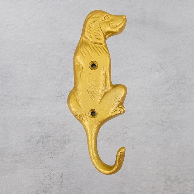 Set of 3 Cast Iron Dog Shape Coat Hooks Wall Art Decor-Dog Shape Hangers and Key Holder-Clothes Rack and Backpack Hanger-Coat Hooks Home Decor for Storage, Living Room,Hallway (Gold Finish)
