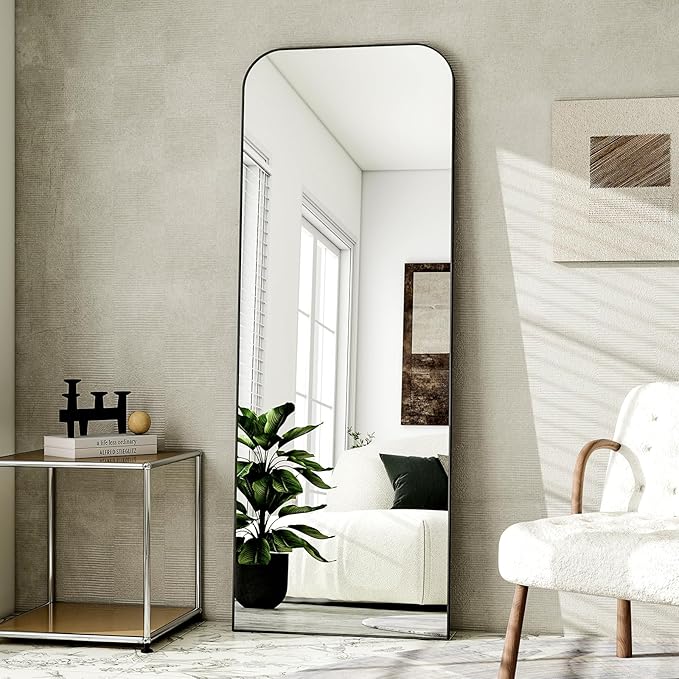 HARRITPURE 57"x20" Full Length Mirror, Black Rounded Corner Aluminum Frame Standing Mirror, Hanging/Leaning Wall Floor Mirror with Stand for Living Room Bedroom Cloakroom