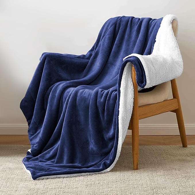 MOONLIGHT20015 Sherpa Fleece Twin Blanket - (Navy, 60X80 Inches) Warm and Fluffy Blankets for Winter - Reversible Thick and Cozy Twin Size Blankets for Bed, Camping and Travel