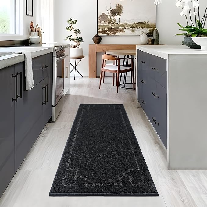 BEQHAUSE Kitchen Rugs Non-Slip Washable Rug Sets of 2, Machine Washable Kitchen Mats Absorbent Soft Kitchen Runner Rugs for Floor,Sink,Hallway,Laundry,24”x36”+24”x60”, Black