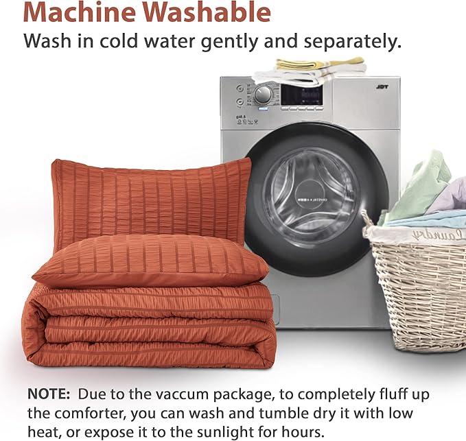 AveLom Terracotta Seersucker Comforter Set - Full Size, 80x90 Inches, 3 Pieces, Machine Washable
