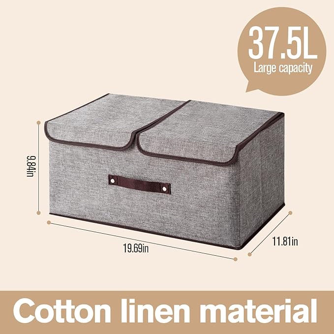 Linen Storage Boxes with Removable Dividers, 2-Pack Large Foldable Organizer Bins, Gray Fabric Containers with Handles for Clothes, Blankets, Underwear Storage (Beige, 2Pack*37.5L)