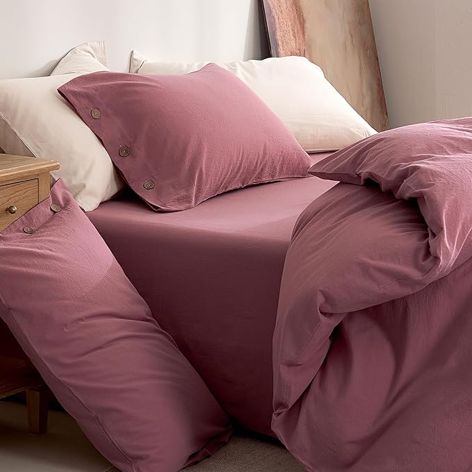 JELLYMONI 100% Washed Cotton Duvet Cover King – Soft, Breathable Linen-Look Bedding with Natural Wrinkle Texture, Button Closure, 3-Piece Set (Deep Rose, 104"x90")