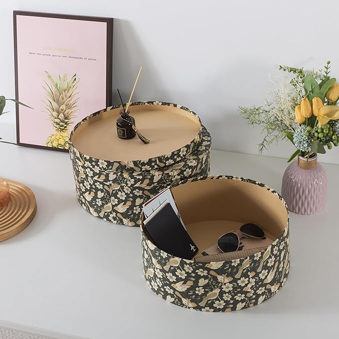 Soul & Lane Large Oval Cardboard Decorative Storage Boxes with Lids - Midnight Blossom Serenade, Set of 2 Cardboard Boxes for Flowers and Gifts, Nesting Memory Containers for Keepsakes and Organizing