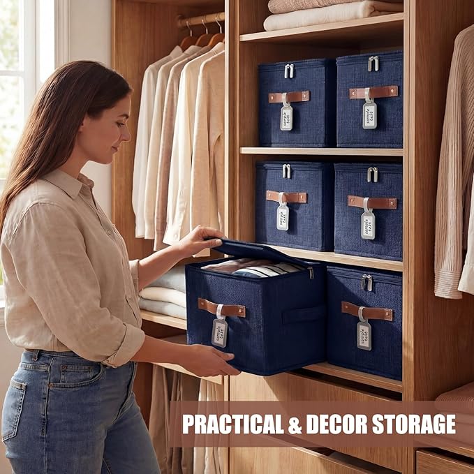 6 Pack Fabric Storage Bins with Lids and Label, 10×8×7Inch Foldable Cotton Linen Cute Storage Boxes with PU Leather Handles for Closet, Bedroom, Shelf, Nursery, Dark Blue