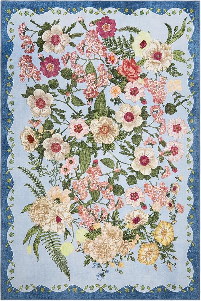 AREAMAY Floral Rug for Living Room - 4x6 Washable Area Rugs Non-Slip Soft Low-Pile Stain Resistant Carpet Unique Flower Print Vintage Indoor Rug for Bedroom Dining Room Office Nursery Room, Blue