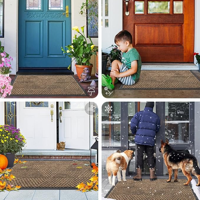 Smiry Front Door Mat Outside Entrance, Heavy Duty Sturdy Natural Rubber Doormat, Trap Dirt and Moisture, Easy Clean Low Profile Mats for Indoor Outdoor Entry, Irregular Triangle (29.5x17, Brown)