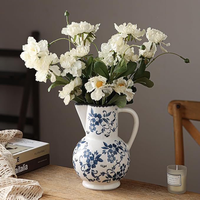 Blue and White Vintage Vase with Handle, Ceramic Chinoiserie Floral Pitcher Vase, Blue Large Vases for Home Decor Living Room, Rustic Table Centerpiece Grand Millennial and Tuscan Decor 8.7 Inch