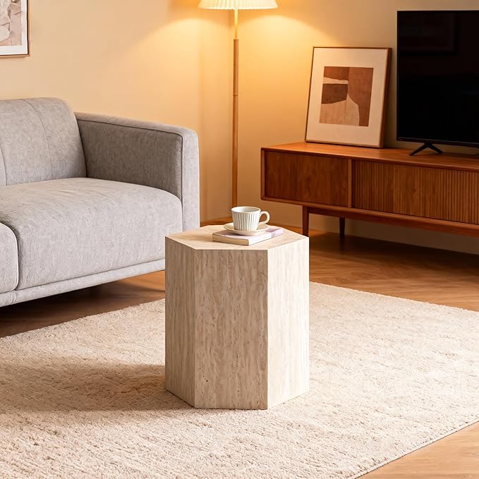 Modern Hexagonal Side Table, Walnut Wood MDF Coffee Table with Natural Texture, Non-Slip Surface, 15.7x13.8x18.9 Inches (Travertine)