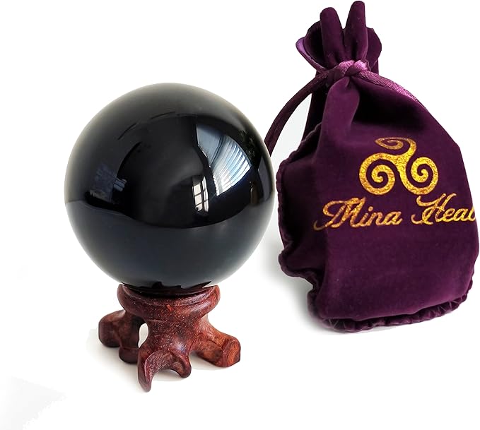 Mina Heal Obsidian Crystal Ball for Fengshui Ball, Meditation, Crystal Healing, Divination Sphere, Home Decoration, 100% Natural and Genuine