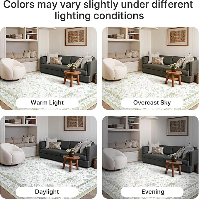 GENIMO 2'6''x6 Runner Rug,Machine Washable Non-Slip Vintage Rugs,Low Pile Lightweight Carpet for Bedroom,Hallway,Entryway,Kitchen,Bathroom,Creamgreen