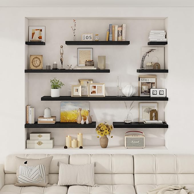 Fun Memories 12 Inch Deep Floating Shelves, 16 x 12 Wooden Wall Shelves, Extra Deeper & Thicker Rustic Wall Mounted Storage Shelf for Fireplace, Living Room, Kitchen, Farmhouse, Black - 3Pack