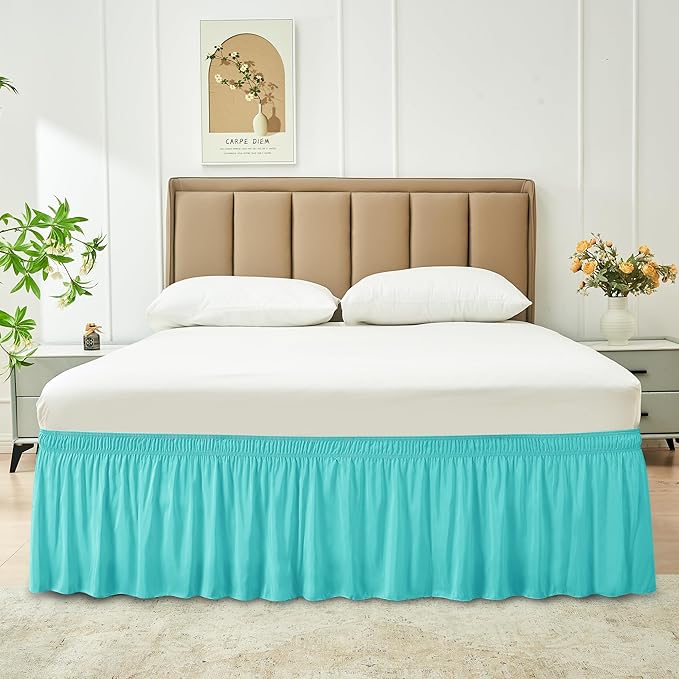 Biscaynebay Wrap Around Bed Skirts for Queen Beds with Short Drop of 12", Aqua Adjustable Elastic Dust Ruffles Easy Fit Wrinkle Resistant Silky Luxurious Fabric Machine Washable