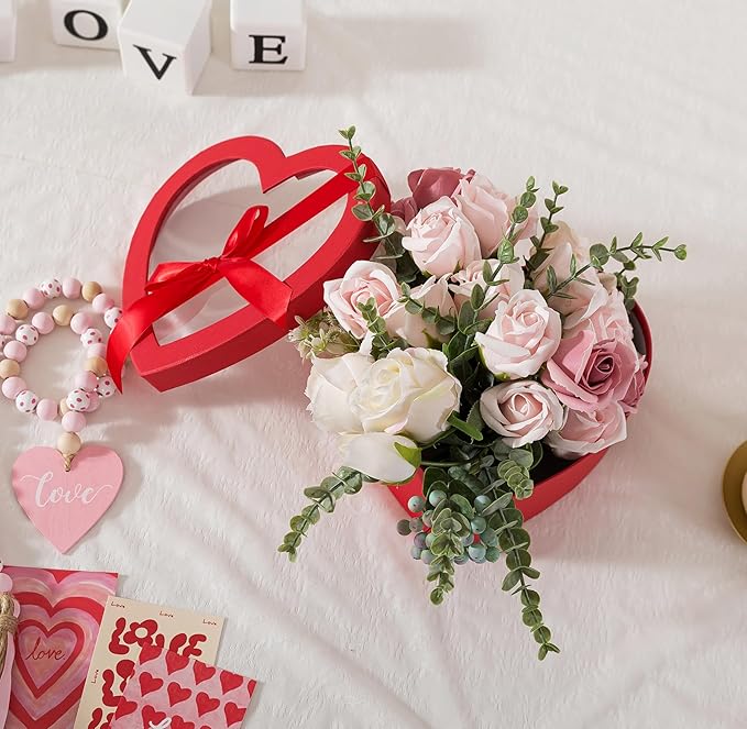 Soul & Lane Red Heart Shaped Gift Boxes with Clear Lids and Decorative Bows: Set of 3 Cardboard Heart Boxes for Flowers, Chocolates, Large Box for Flower Arrangements and Valentine’s Day Presents
