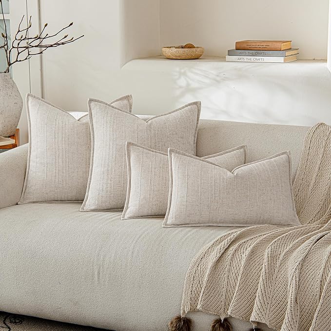 a moment Linen Pillow Covers Set of 2,Boho Farmhouse Throw Pillowcases Neutral Textured Decorative Covers for Couch Sofa Bed, Soft Linen Blend Accent Case Cushion Living Room Home Decor 20"x20"Ivory