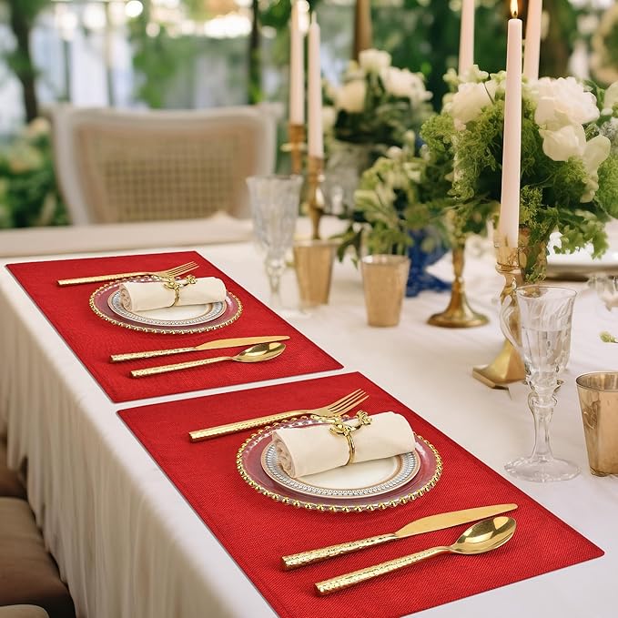 SLKQG Christmas Red Linen Fabric Placemats Set of 8, Heat Resistant & Machine Washable Double-Layered Cloth Placemats for Dining Table, Indoor/Outdoor Use, Non-Slip Kitchen Table Mats (8, Bright Red)