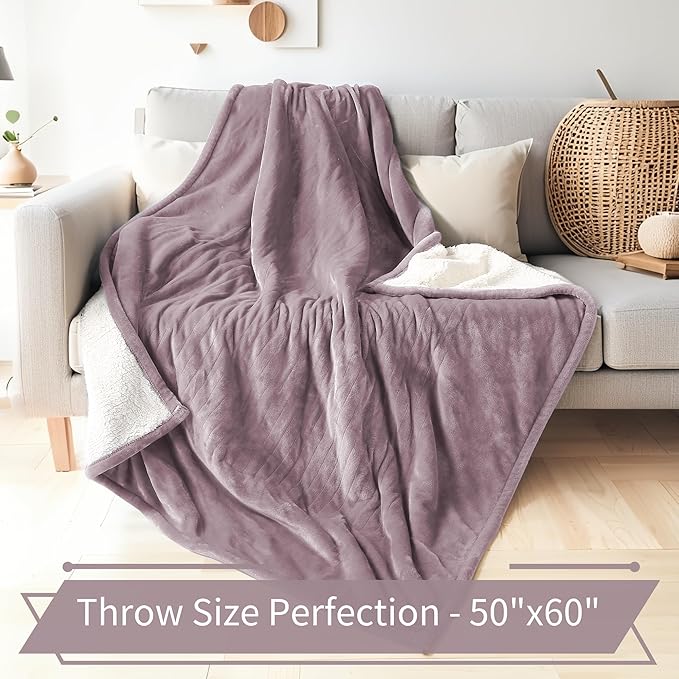 Electric Heated Blanket Throw Size 50"x60" - Flannel & Sherpa Fabric Dual-Sided, 6 Heat Settings & 1-3 Hours Auto Off, Soft & Cozy Machine Washable, Lavender Purple