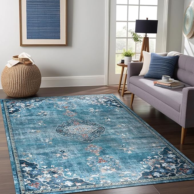 Beverly Rug Non Slip Rugs 4x6 Boho Medallion Floral Non Skid Rubber Backing Easy Silk Soft Area Rug for Living Room Easy to Clean Non Shedding Kitchen Bedroom Indoor Carpet (4 x 6 Teal - Green)