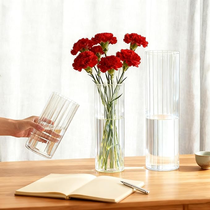 Flower Vase, Non-breakable Vase for Flower, Ribbed Acrylic Vase, 4"W x 12"H Tall Clear Cylinder Vases for Centerpieces, Living Room, Dining Table, Office, Bookshelf Decoration Housewarming Gift