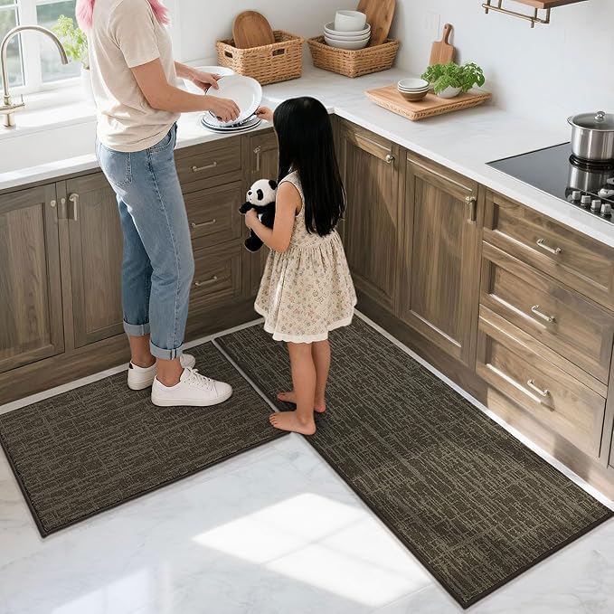COSY HOMEER Kitchen Rugs 20"x32"+20"x48",Absorbent Soft Kitchen Mats for Floor,Non Slip Kitchen Runner Rug,Washable Kitchen Floor Mats for Sink Mat,Hallway,Laundry,Brown