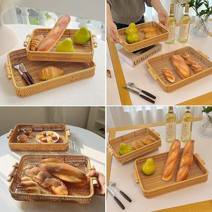 GIB PP Wicker Woven Trays with Handles, Rectangle Rattan Tray Bread Basket for Serving Food, Vegetables, Breakfast, Coffee Table Decor, Set of 2