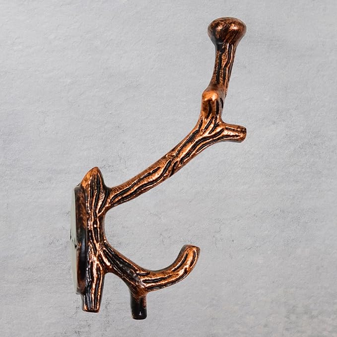 Set of 3 Cast Iron Tree Branch Shape Coat Hooks Wall Art Decor-Branch Shape Hangers and Key Holder-Clothes Rack and Backpack Hanger-Coat Hooks Home Decor for Storage,Living (Copper Antique)