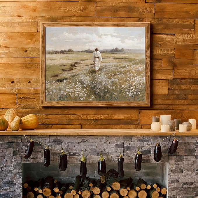 Framed Jesus Wall Art, Christian Wall Decor Pictures, Jesus Walking in Field Paintings Canvas Prints Religious Home Decoration for Living Room Bedroom Office Church 16x24 inch