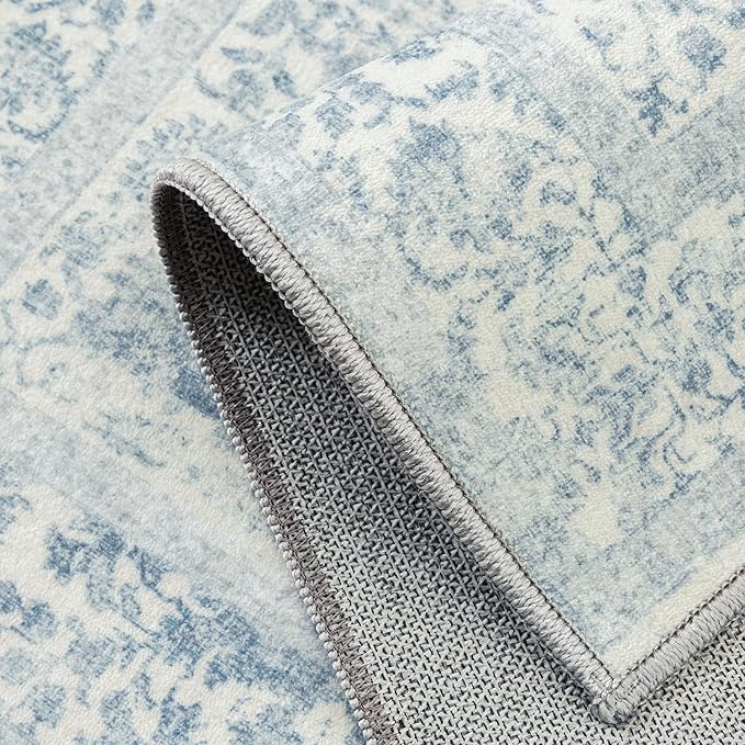 PureCozy Blue Area Rug 6x9 Machine Washable Vintage Living Room Distressed Non Slip Carpet Traditional Indoor Bedroom Retro Floral Accent Throw Large Rug for Office Kitchen Dining Room
