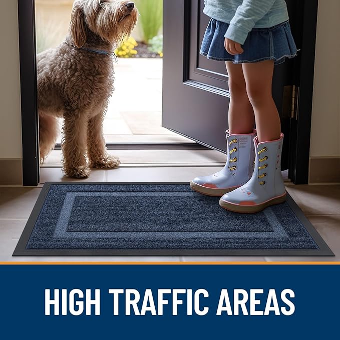 OLANLY Front Door Mat Indoor Outdoor Entrance, Waterproof All-Season, All-Weather Doormat, Sturdy Natural Rubber, Fade Resistant, Low Profile, Easy Clean Patio Porch Entryway Mat, 47x23, Blue