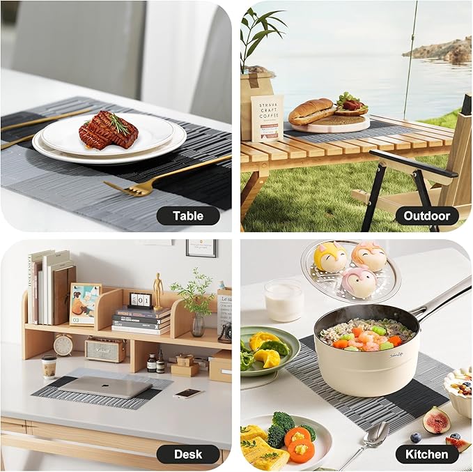 Placemats Set of 8,Non-Slip PVC Weave Table Mats Easy to Clean,Heat Resistant Place Mats for Kitchen Dining Table Decoration Indoor Outdoor,Black Gray