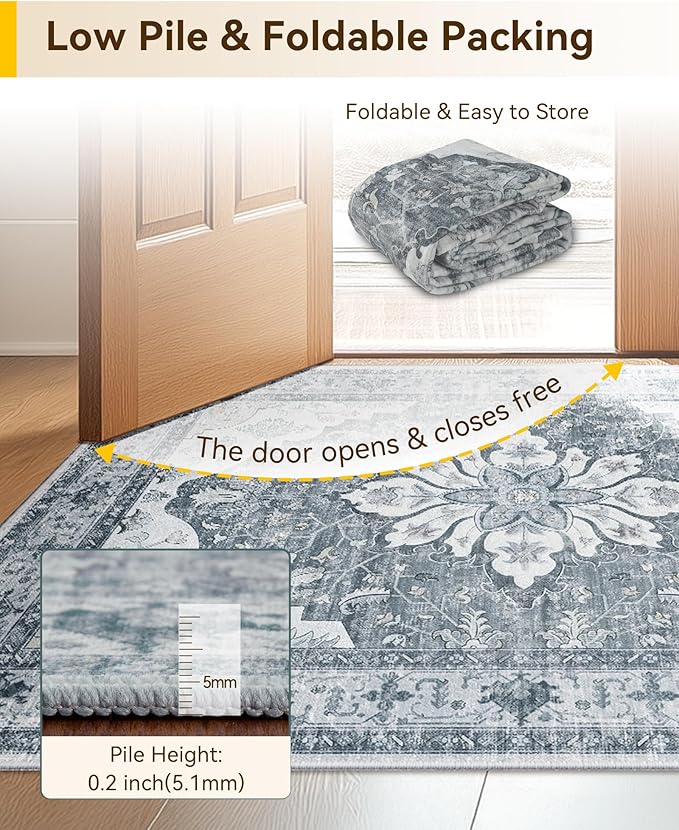 RELEANY Area Rugs 2'6''x8' Washable Non-Slip, Floral Vintage Distress Print Pattern Medallion Carpet for Living Room Bedroom Dining Room, Light Gray Grey White