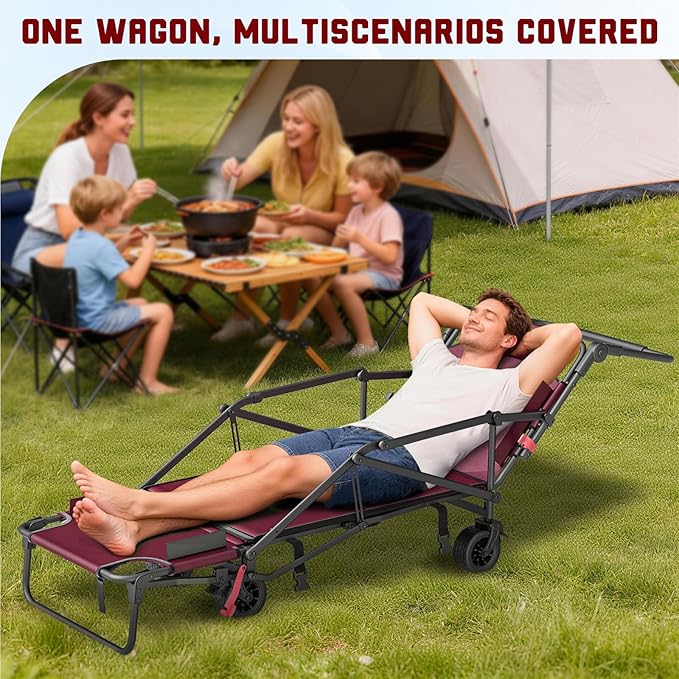 LEVELEVE Heavy Duty Folding Wagon - 2-in-1 Collapsible Cart, 400lb Capacity, All-Terrain Wheels w/Brakes & Side Pockets (Red)