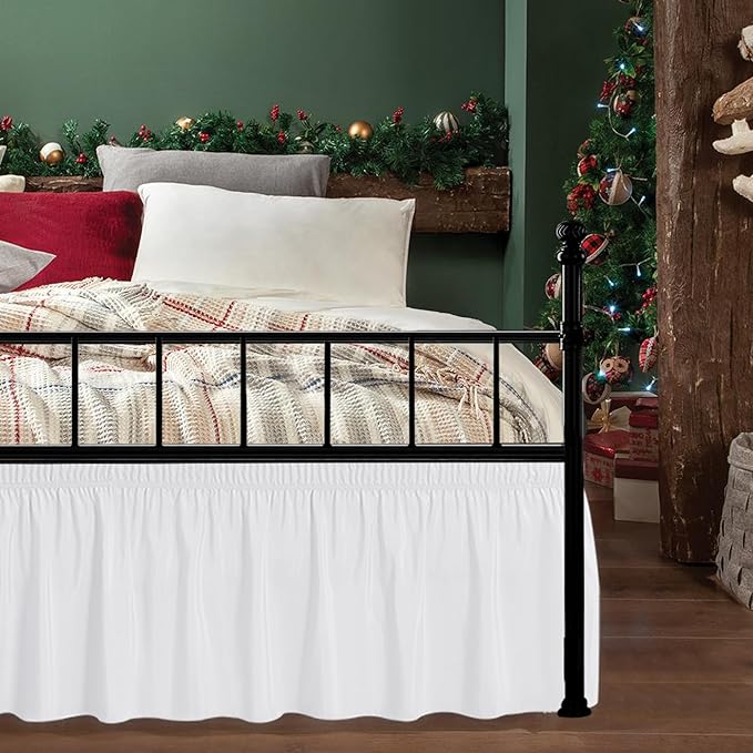 Biscaynebay Wrap Around Bed Skirts with Split Corners for Queen Beds 17" Drop, White Elastic Dust Ruffles Adjustable Easy Fit Wrinkle & Fade Resistant Silky Luxurious Fabric Machine Washable