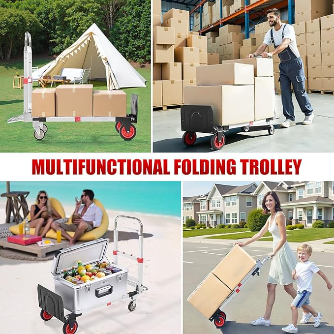 3 in 1 Aluminum Folding Hand Truck Dolly Cart with Wheels 600 Lbs Capacity Collapsible Heavy Duty Convertible Trolley with Retractable Handle for Moving Home Warehouse Office Camping (Red)