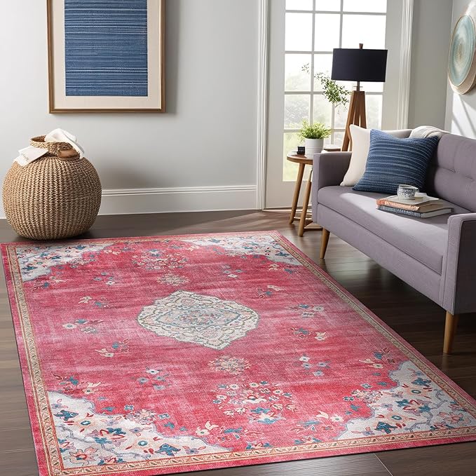 Beverly Rug Non Slip Rugs 8x10 Boho Medallion Floral Non Skid Rubber Backing Easy Silk Soft Area Rug for Living Room Easy to Clean Non Shedding Kitchen Bedroom Indoor Carpet (8 x 10 Fuchsia - Cream)