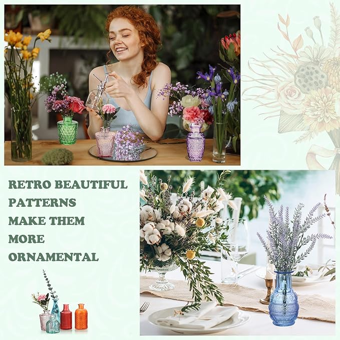 Inbagi 20 Pcs Glass Bud Vase Set - Colored Flower Vases Bulk, Vintage Embossed Decorative Bottles for Wedding Valentine Home Table Centerpieces Decor
